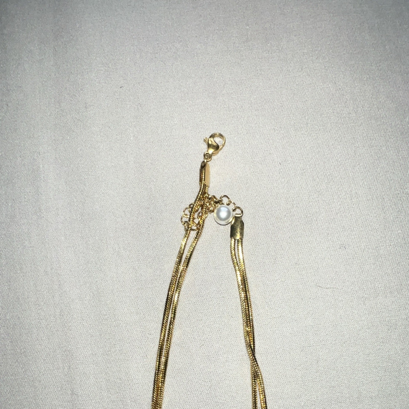 Gold Tone Snake Chain Necklace, White Round Pearl Bezel Pendant Charm, Lobster