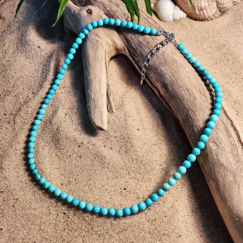 Natural Blue Turquoise Choker Round 3mm Beads Healing Energy Dainty Necklace