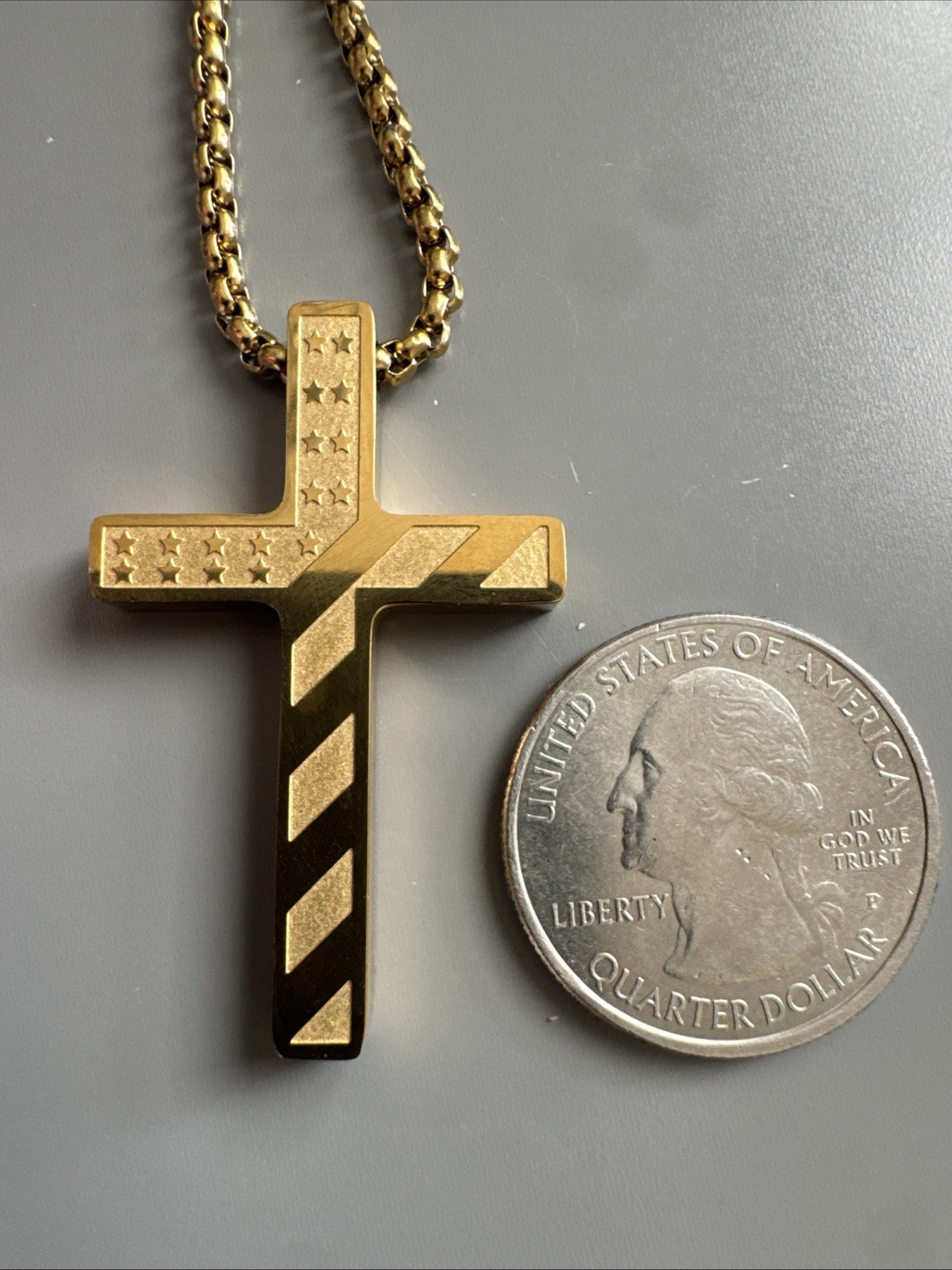 U.S.A. Flag Cross Gold Plated Pendant 24”l Inch Chain America United States Gift