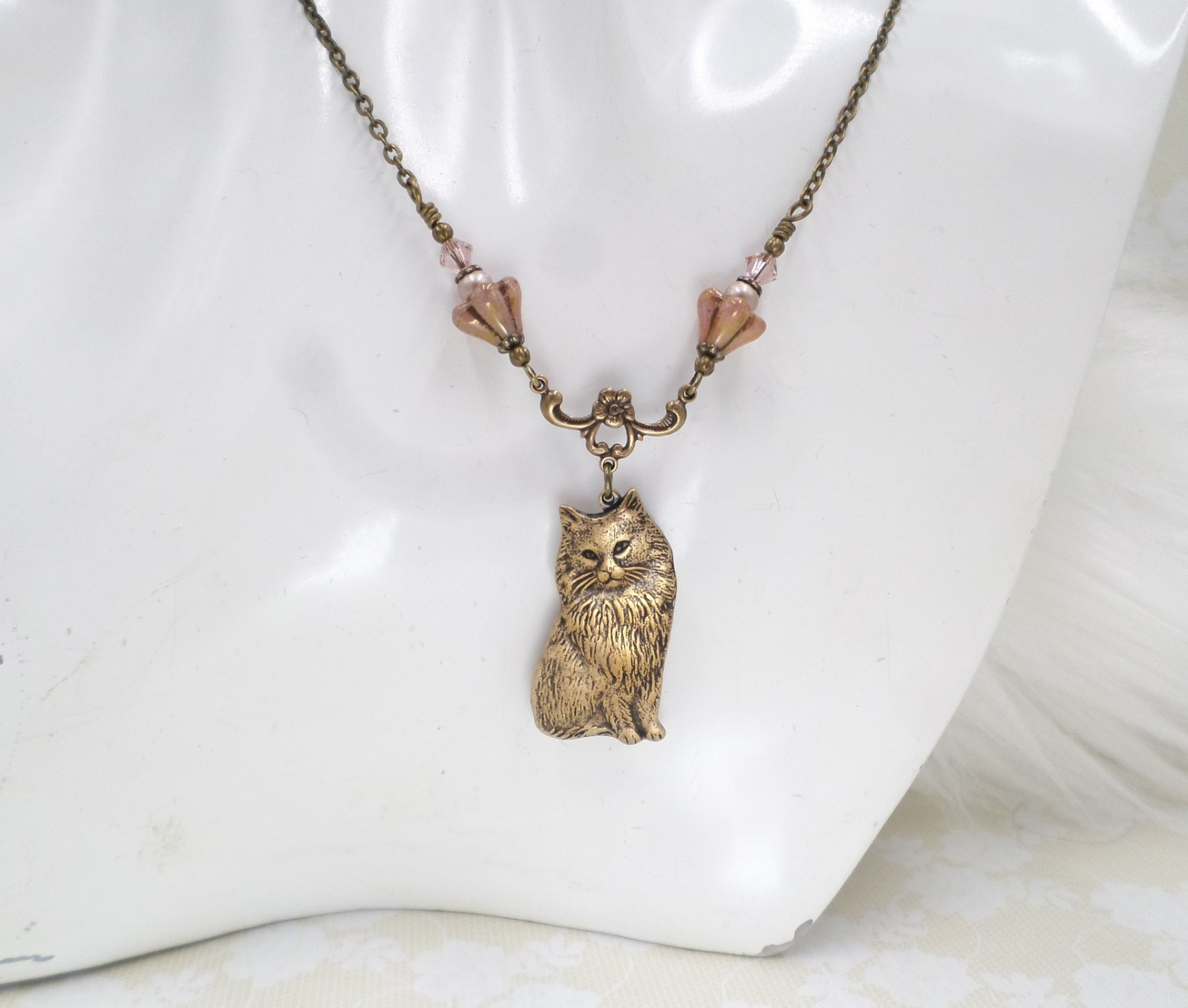 Vintage Style Cat Necklace with Pink Czech Glass Flowers, Antique Brass Handmade