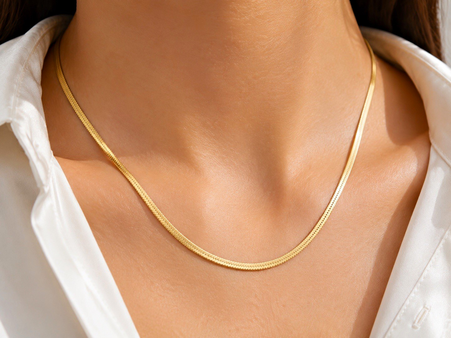 Real Gold Finish 3mm Snake Bone Chain Necklace Titanium Steel 40+5cm Women