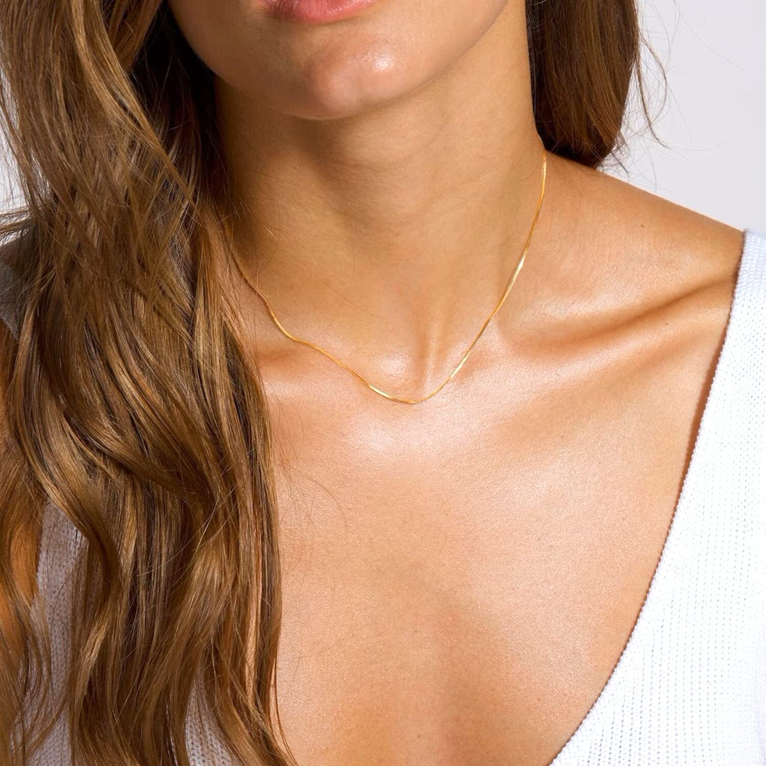 10k Real Solid Gold Mirror Box Chain Necklace, 0.6mm (24 Inches, Yellow Gold)