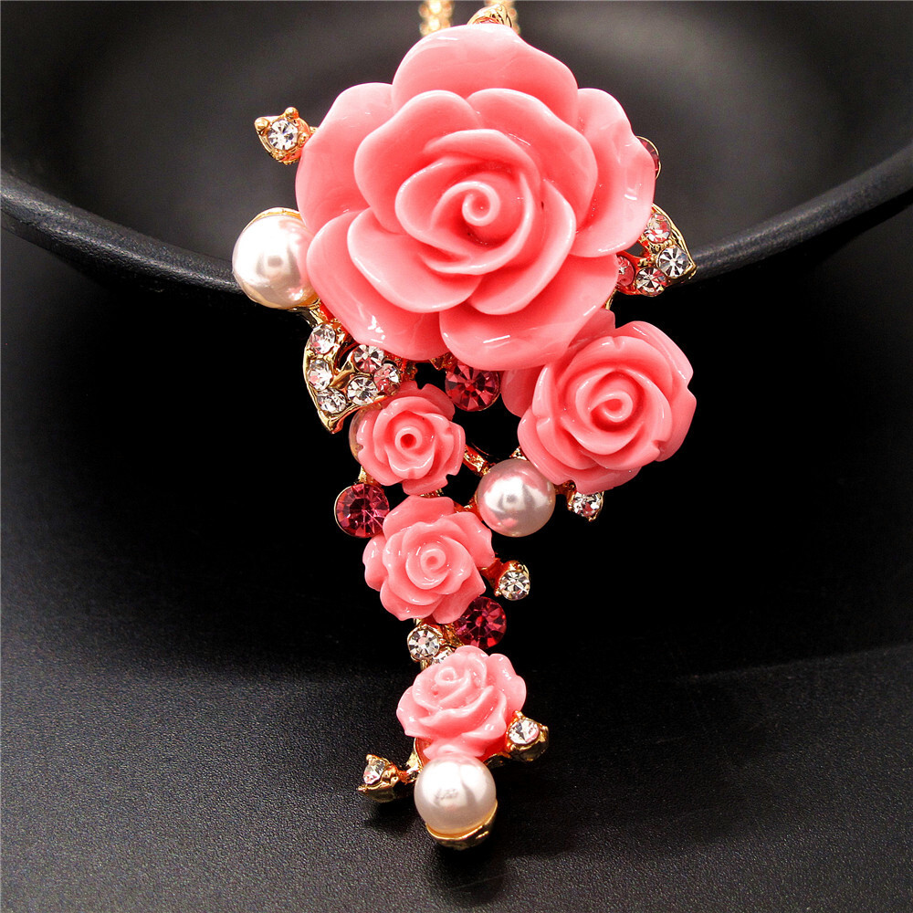 Fashion Women Pink Acrylic Resin Pearl Rose Crystal Pendant Chain Necklace