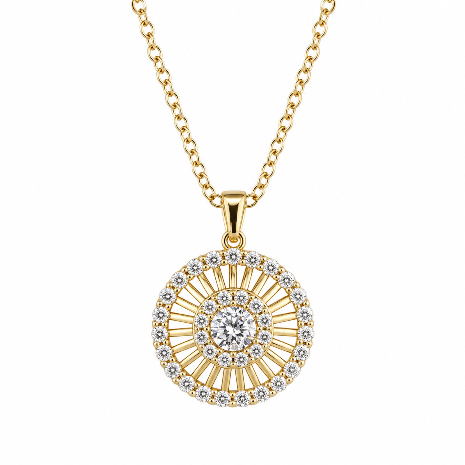 Womens Sunflower Round CZ Pendant 14K Gold Plated Necklace Adjustable Daily Wear