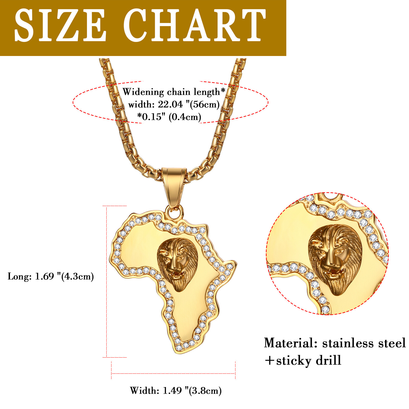 Mens Boys Hip Hop Gold Tone Lion Head Stainless Steel Pendant Necklace Chain 22″