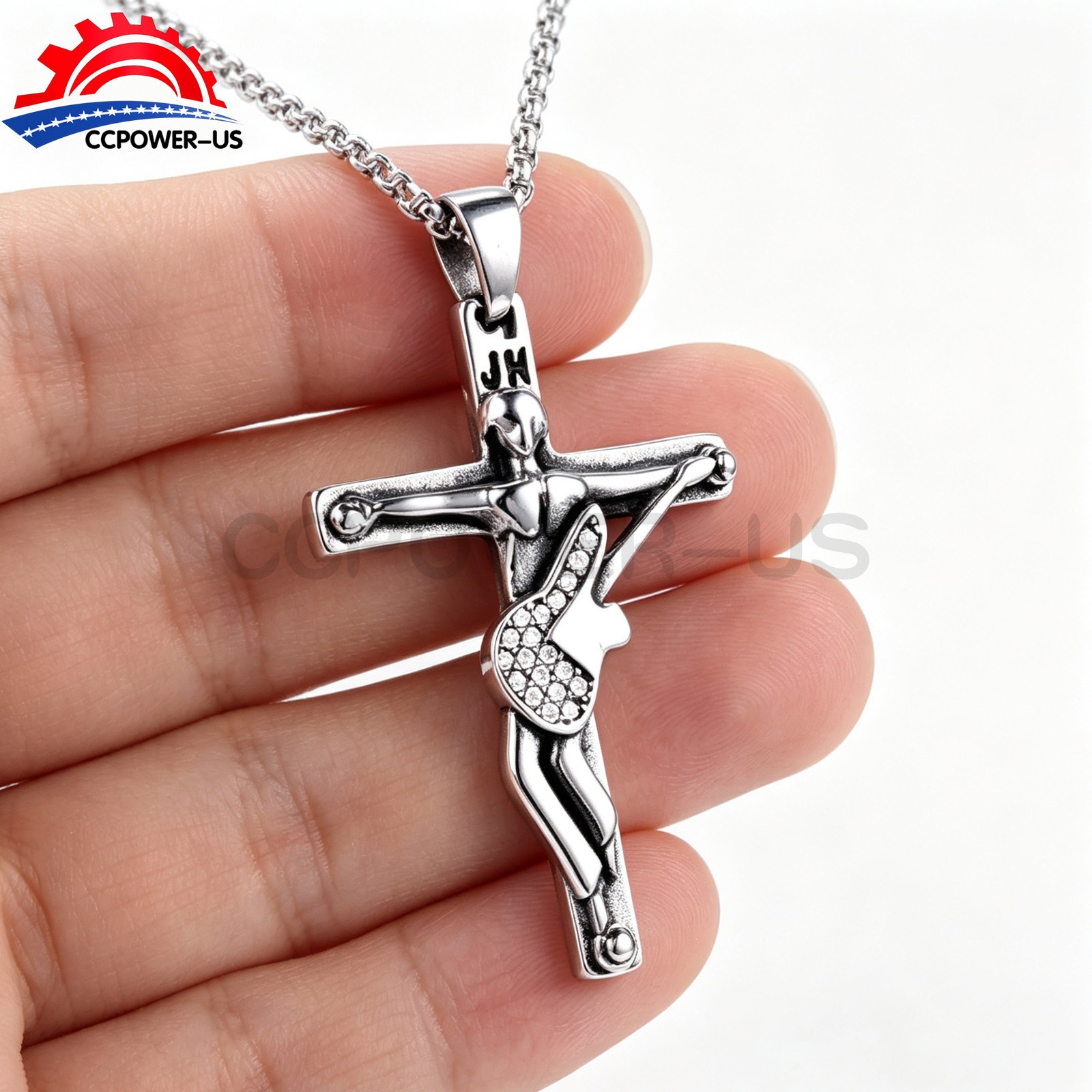 316L Stainless Steel CZ Guitar Cross Pendant Necklace Mens Rock Music Gift