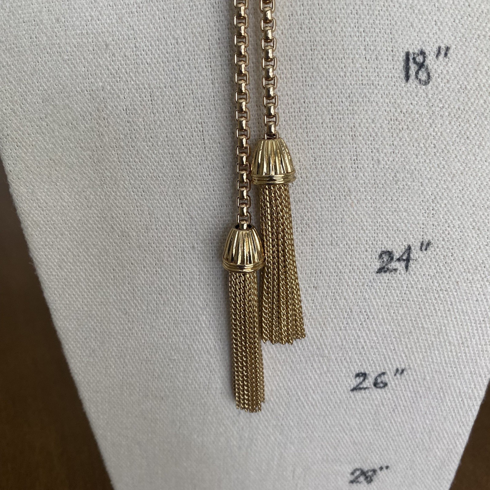 J Crew Gold Tone Lariat Boxed Chain Double Tassel Necklace Flapper style Vintage