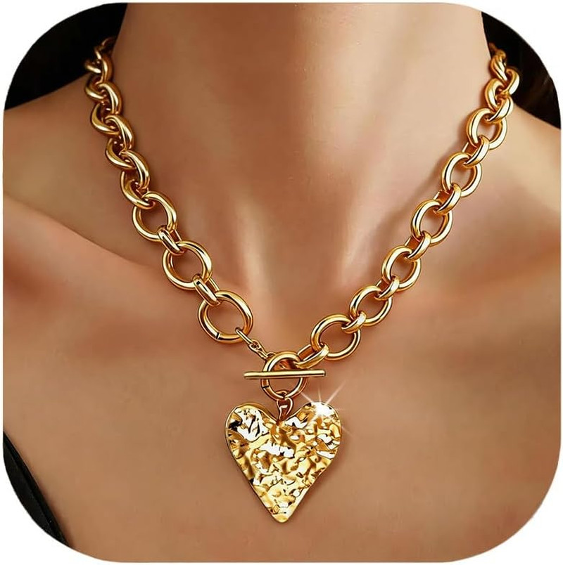 Chunky Gold Heart Cross Necklace for Women, 14K Gold Plated Layering Toggle Clas
