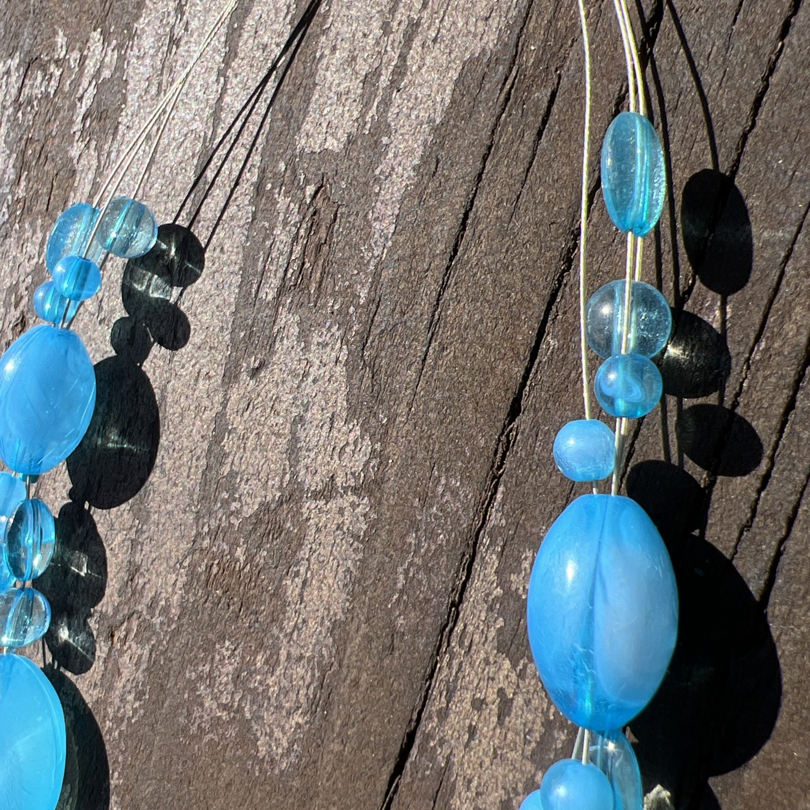 Three Metal Stranded Beaded Blues Plastic & Glass Beads Necklace