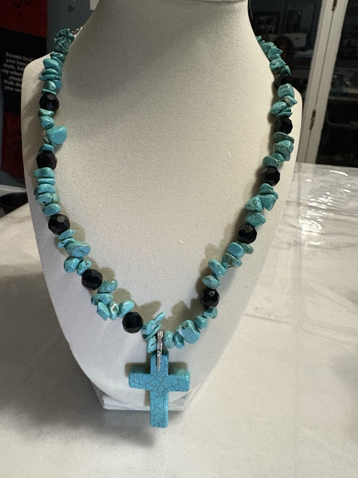 Turquoise Cross Adjustable Necklace Natural Stones Black Beads 20inch Long