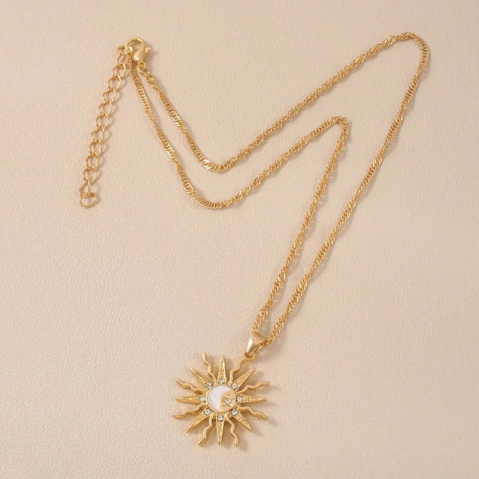 Sun Moon Star Rhinestone Pendant Necklace Retro Women Party Jewelry Gift