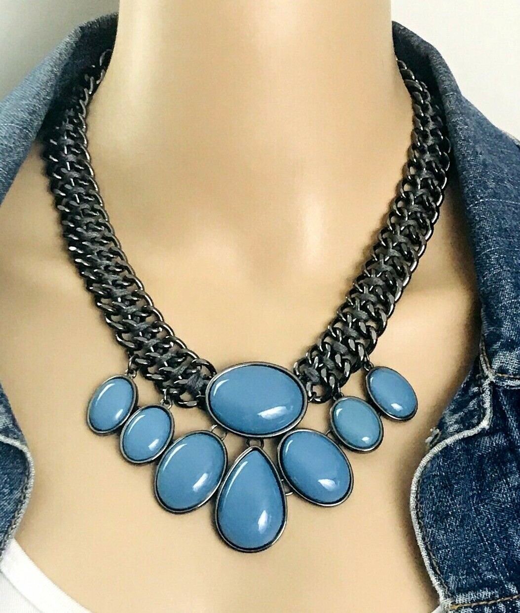Woven Double Black Curb Chain Blue Cabochon Statement Necklace