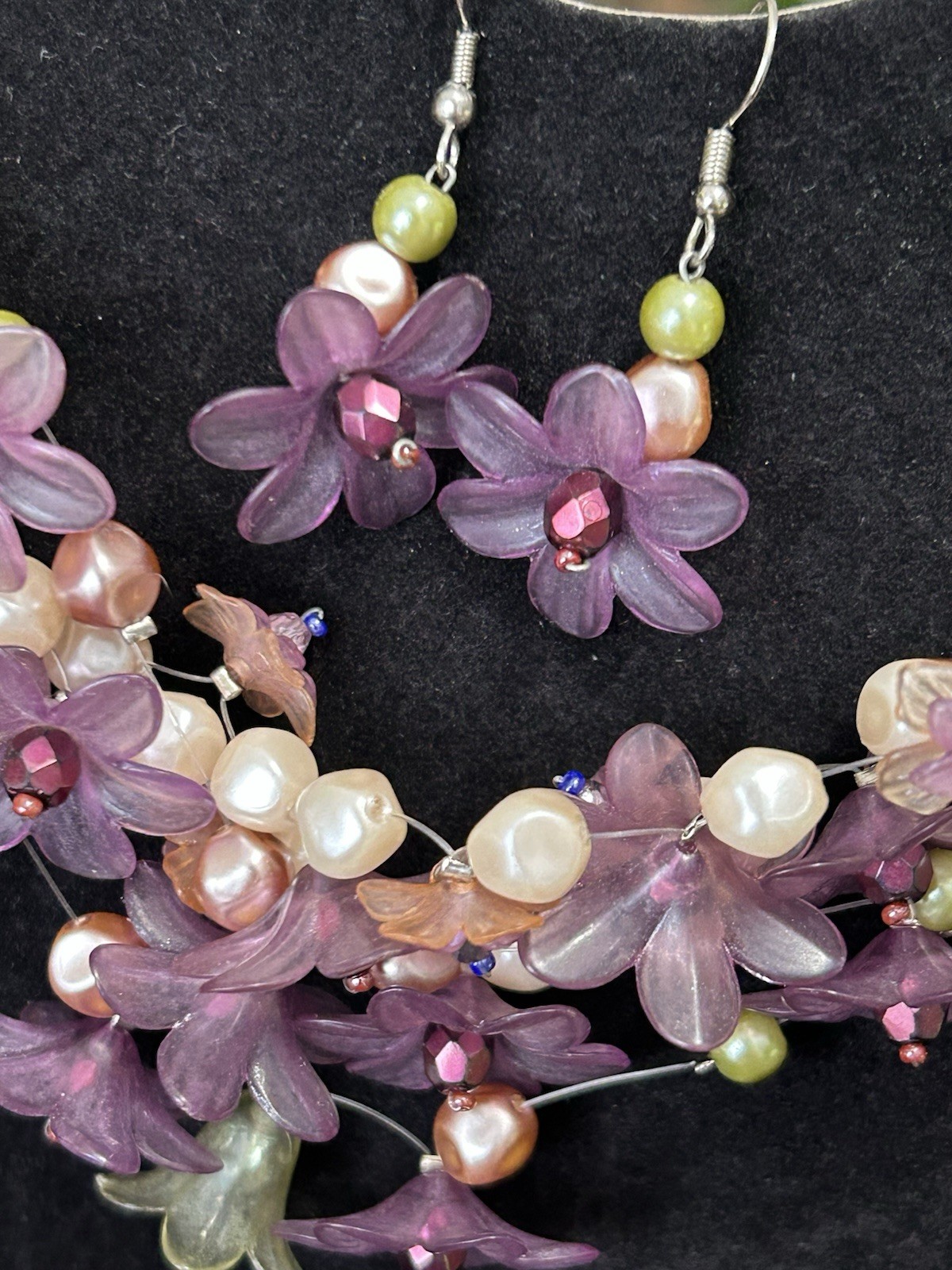 Floral Acrylic Necklace Earrings Faux Pearls Fairy Lavender Rhinestones