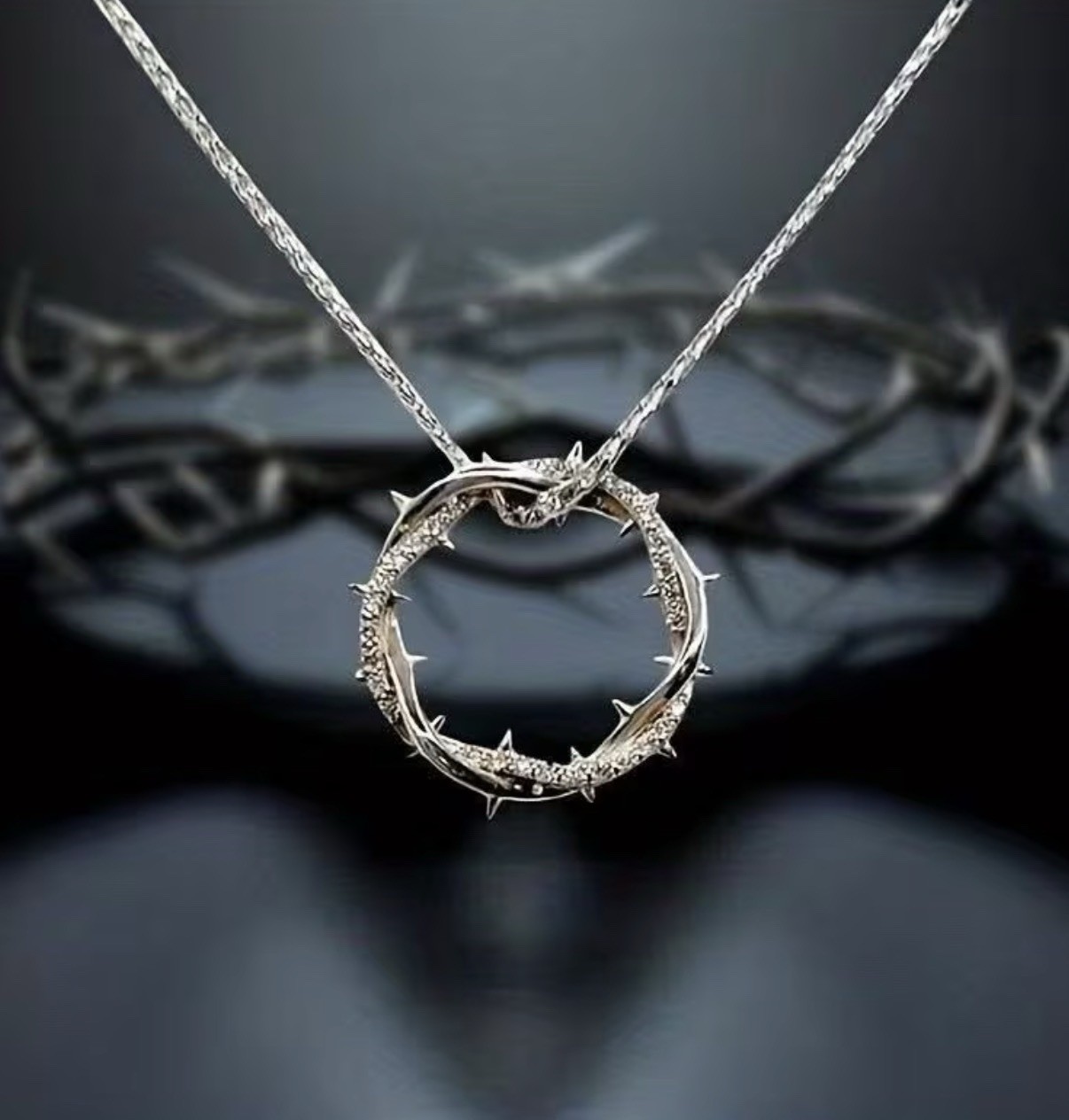 Silver Jesus Crown of Thorns Pendant Necklace Christian Faith Cross Chain Charm