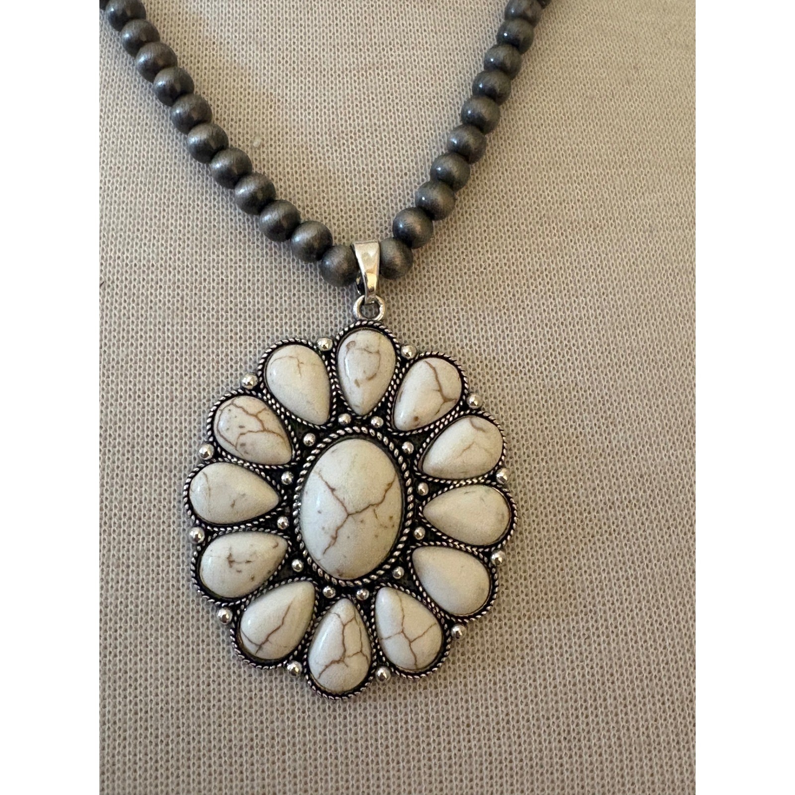 Western Faux White Turquoise Sunflower Layered Beaded Necklace Silver Tone