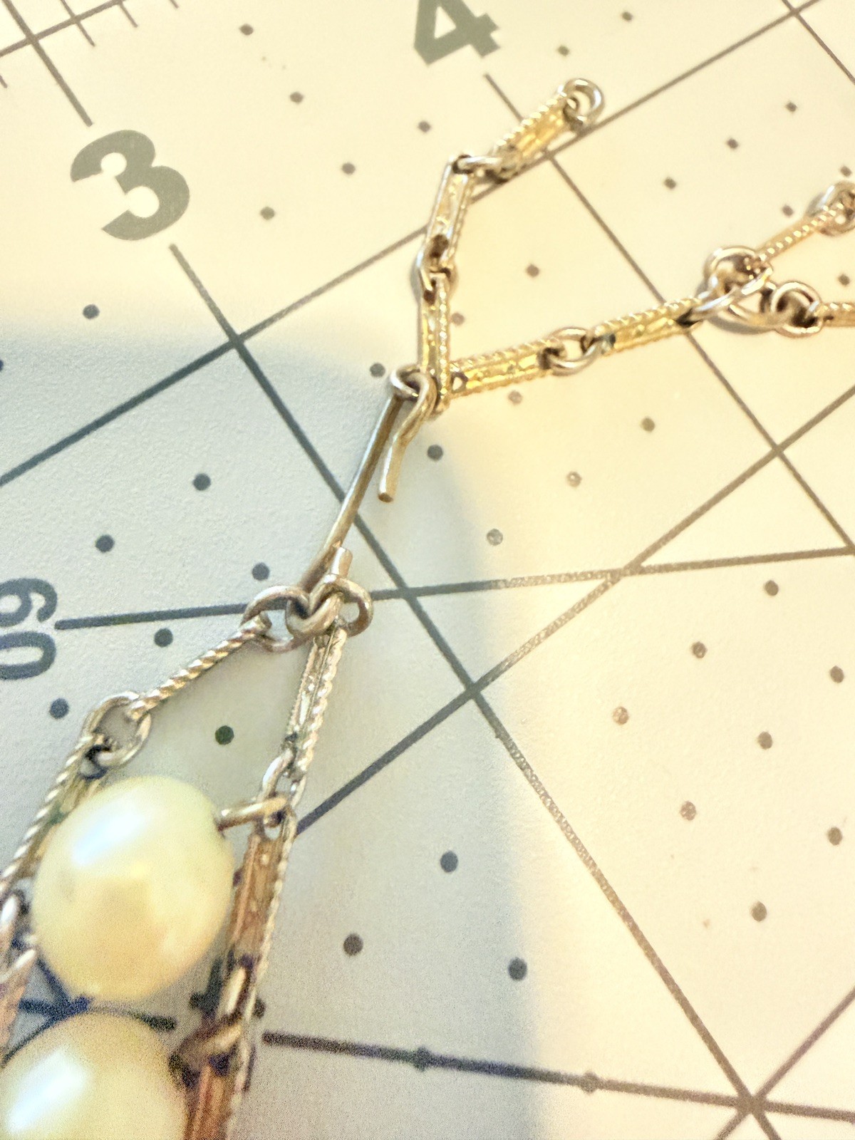 Gold Tone 1950s Vintage Faux Pearl Bib Necklace Statement Lattice Fringe Estate