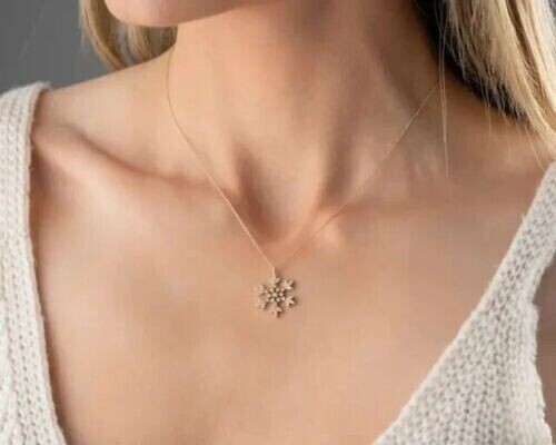 Round Cut Simulated Diamond Snowflake Shape Pendant Chain 14k Yellow Gold Plated
