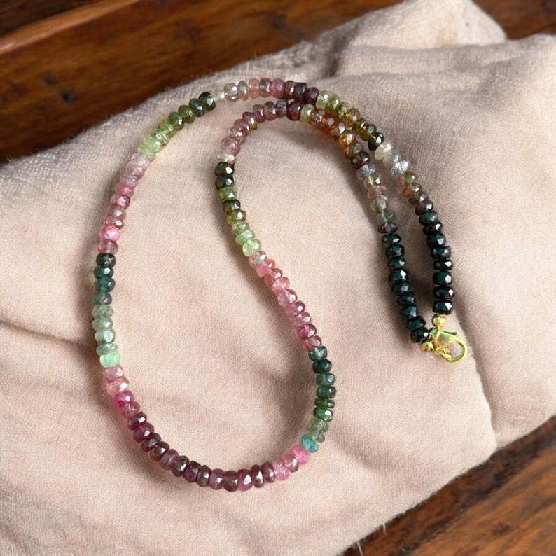 AAA Multi Tourmaline Faceted Rondelle Gemstone Beads Necklace 18” Women & Girls