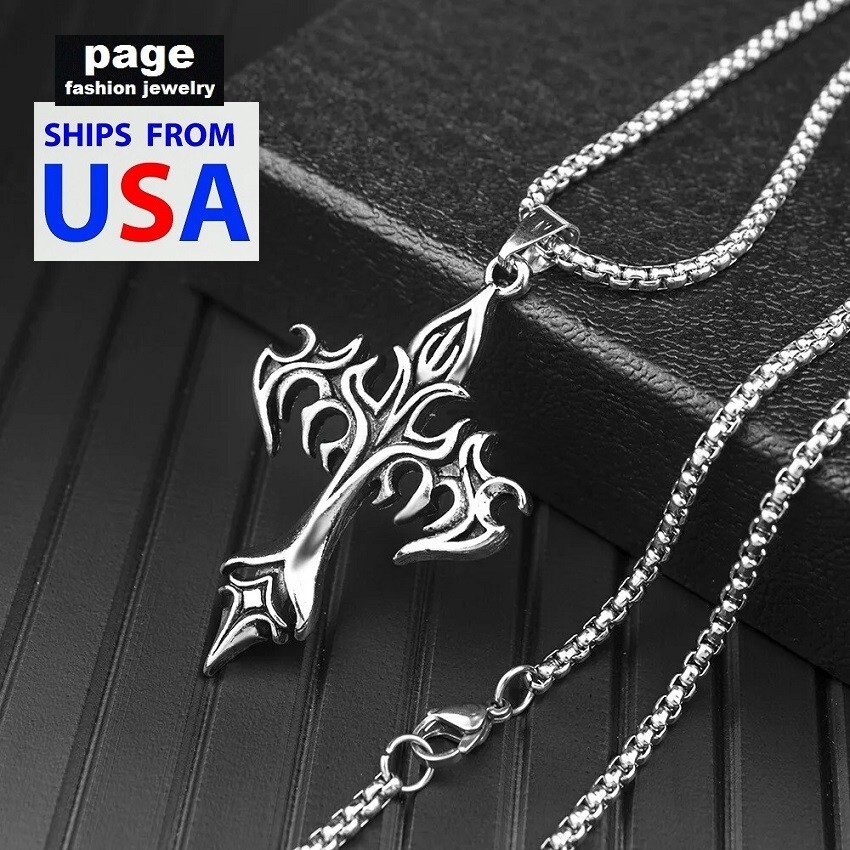 Gothic 2″ X 1.5″ Cross Pendant Male/Female Necklace Jewelry 2mm Rolo Box Chain