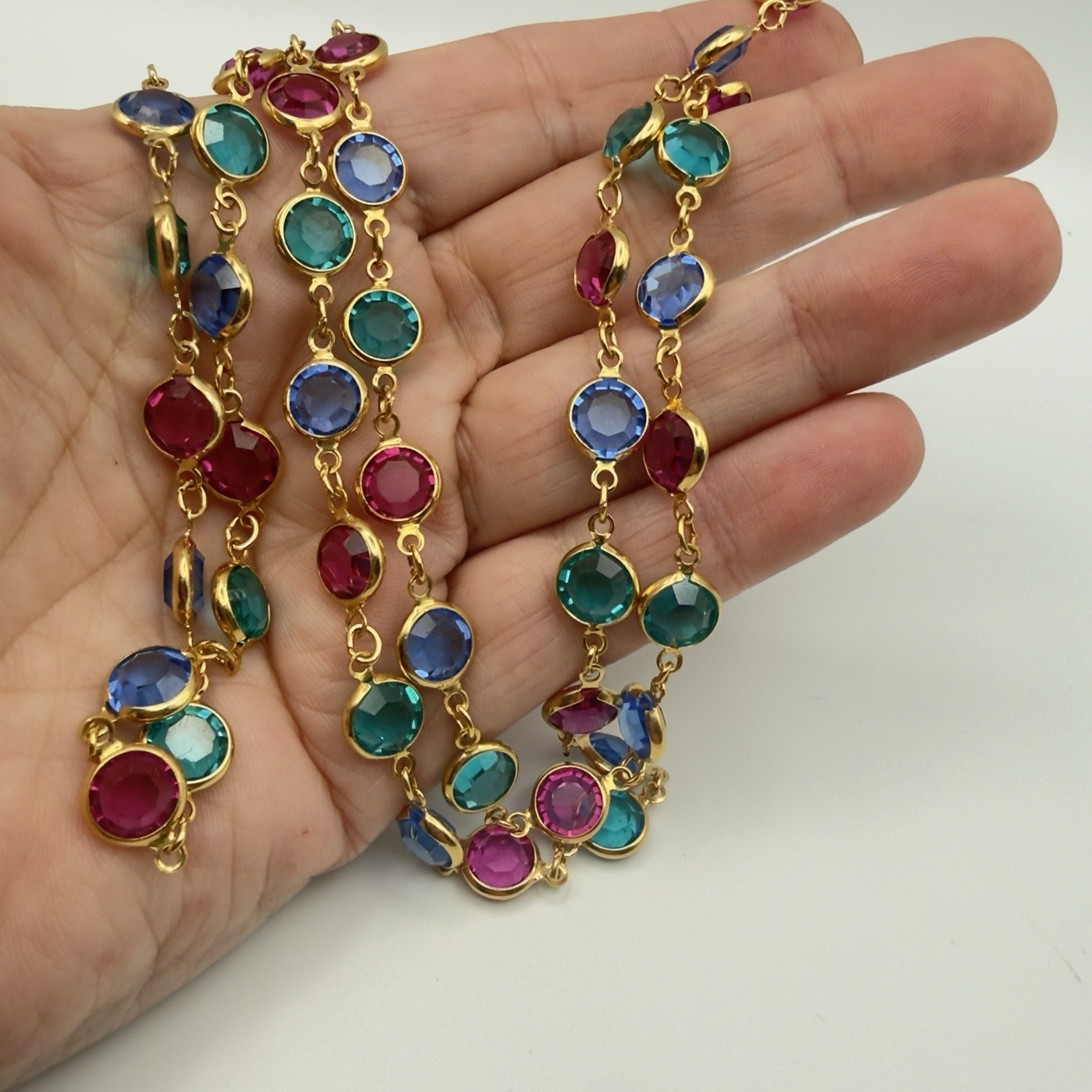 Swarovski Crystal Station Necklace 32in Endless Multicolor Gold Tone Signed Long