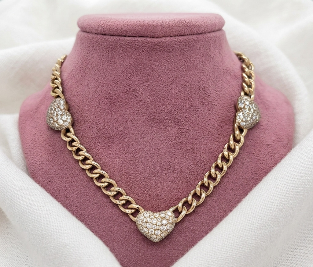 Gold Tone Heart Chain Necklace with CZ Pave Heart Charm Women’s Statement Jewel