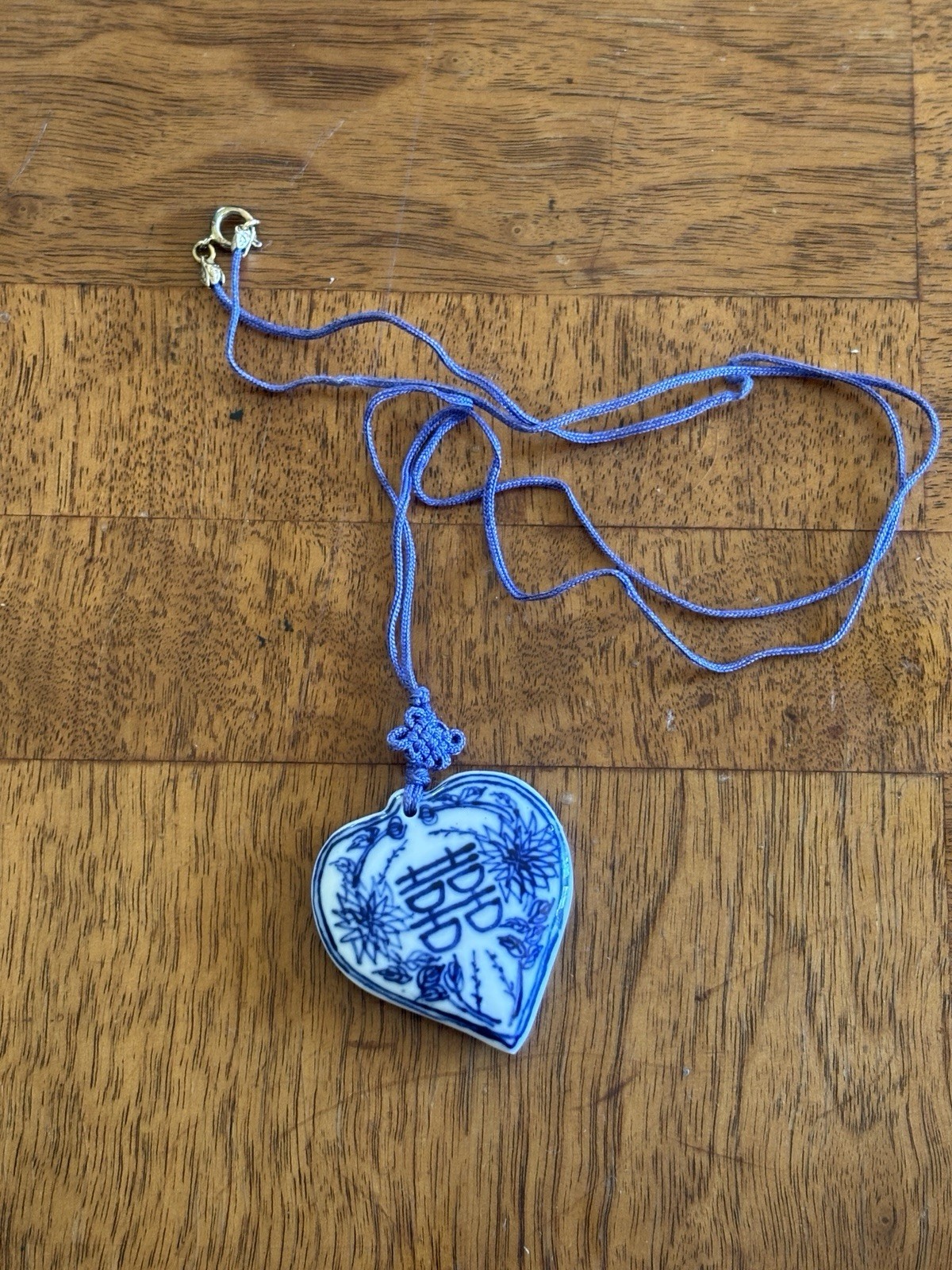 Chinese Blue White Porcelain Double Sided Heart Pendant VNTG Necklace