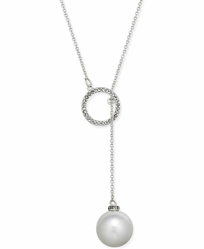 INC International Concepts Imitation Pearl Pavé Circle Lariat Necklace 18″