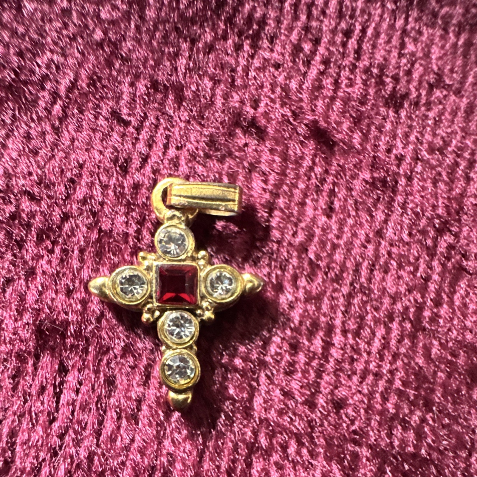 Vatican Library Signed Gold Tone Cross Charm Pendant Red Square Stone Clear