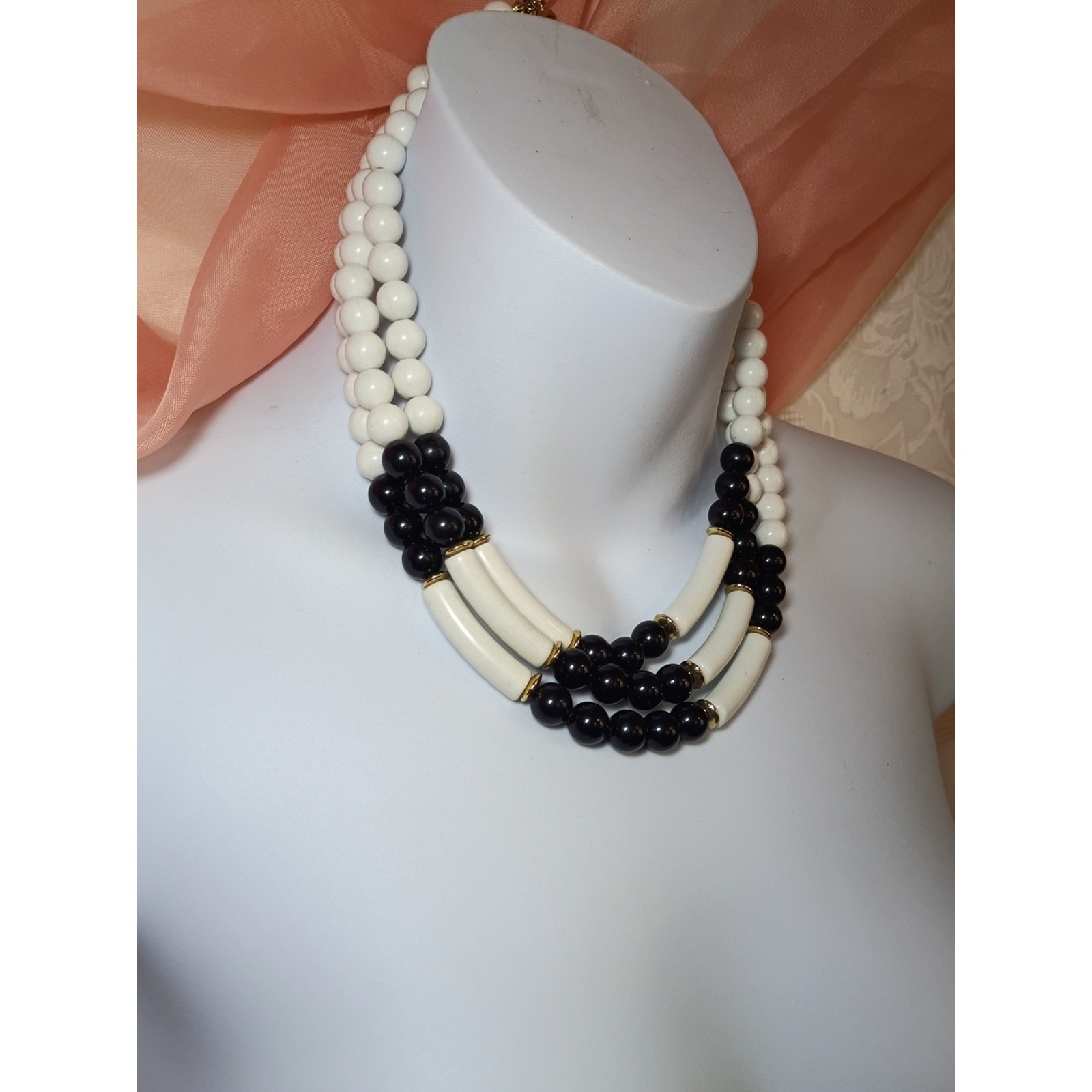 Classic Black & White Beaded Statement Necklace-Pre-Owned