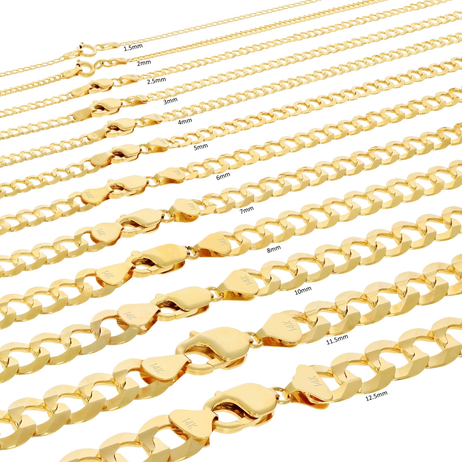 14K Yellow Gold Solid 1.5mm-12mm Curb Chain Cuban Link Necklace Bracelet 7″- 30″