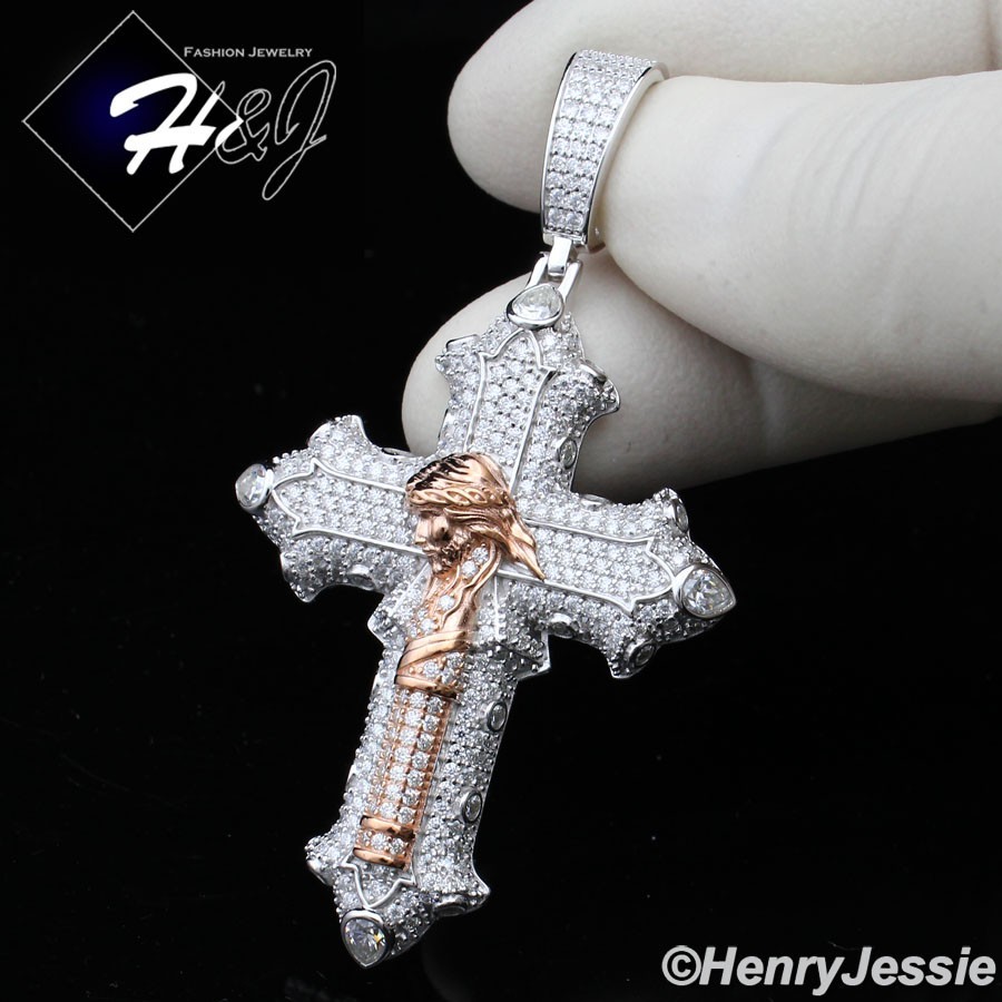 MEN 925 STERLING SILVER BLING MOISSANITE 3D JESUS CHRIST CROSS PENDANT*MRGP562