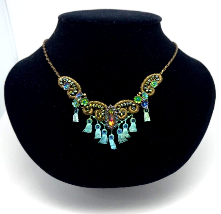 Lovely Michal Negrin Fabric Necklace With Colorful Crystal Accents.