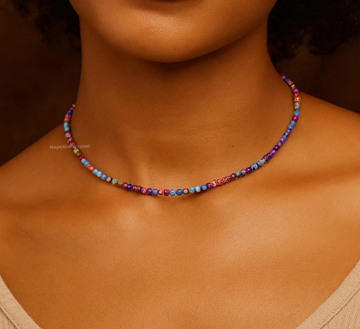 Natural Galaxy Sea Sediment Jasper Choker Minimalist Rainbow Stone Necklace