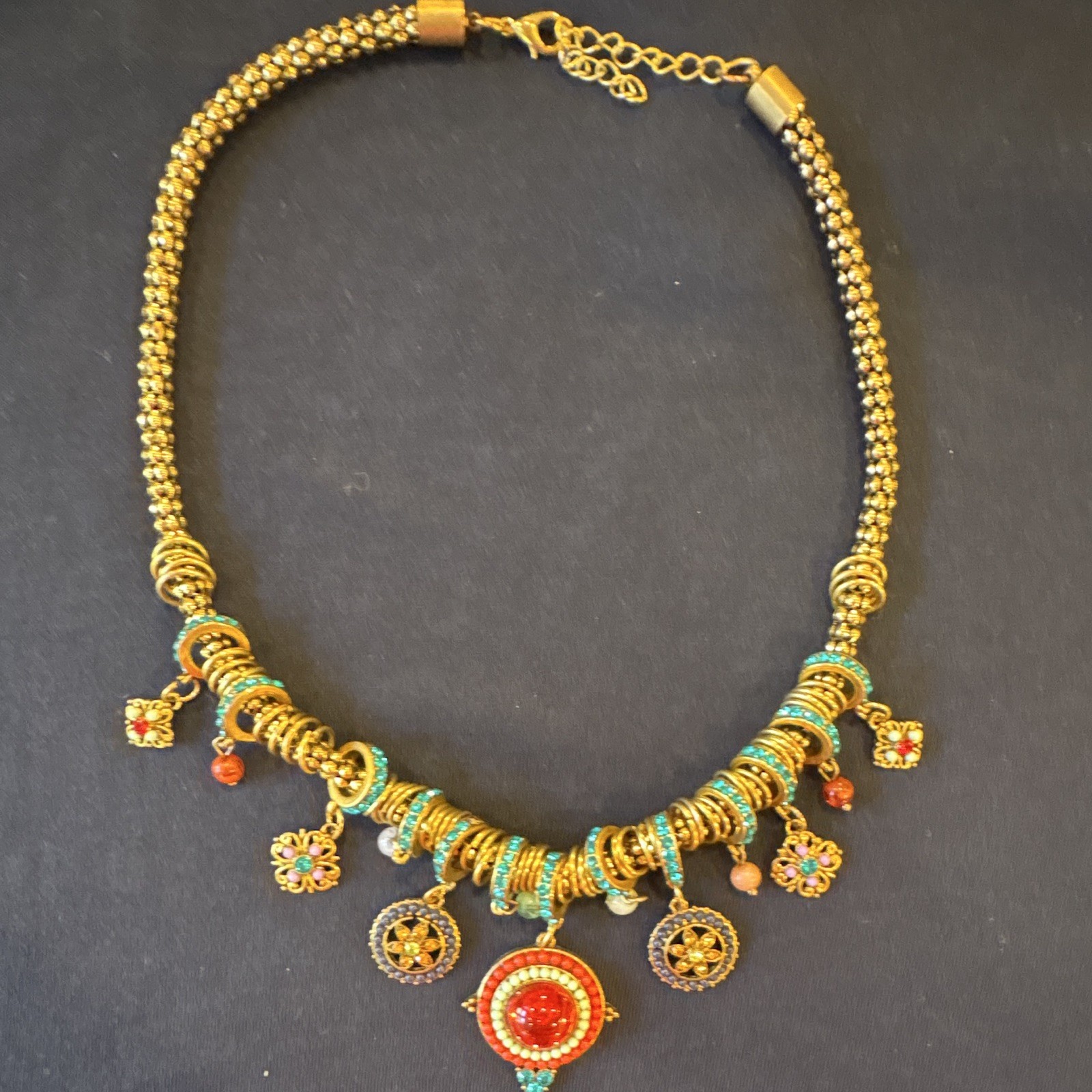 Gold Tone Multicolor Crystal Beaded Charm Statement Necklace Adjustable 18 inch