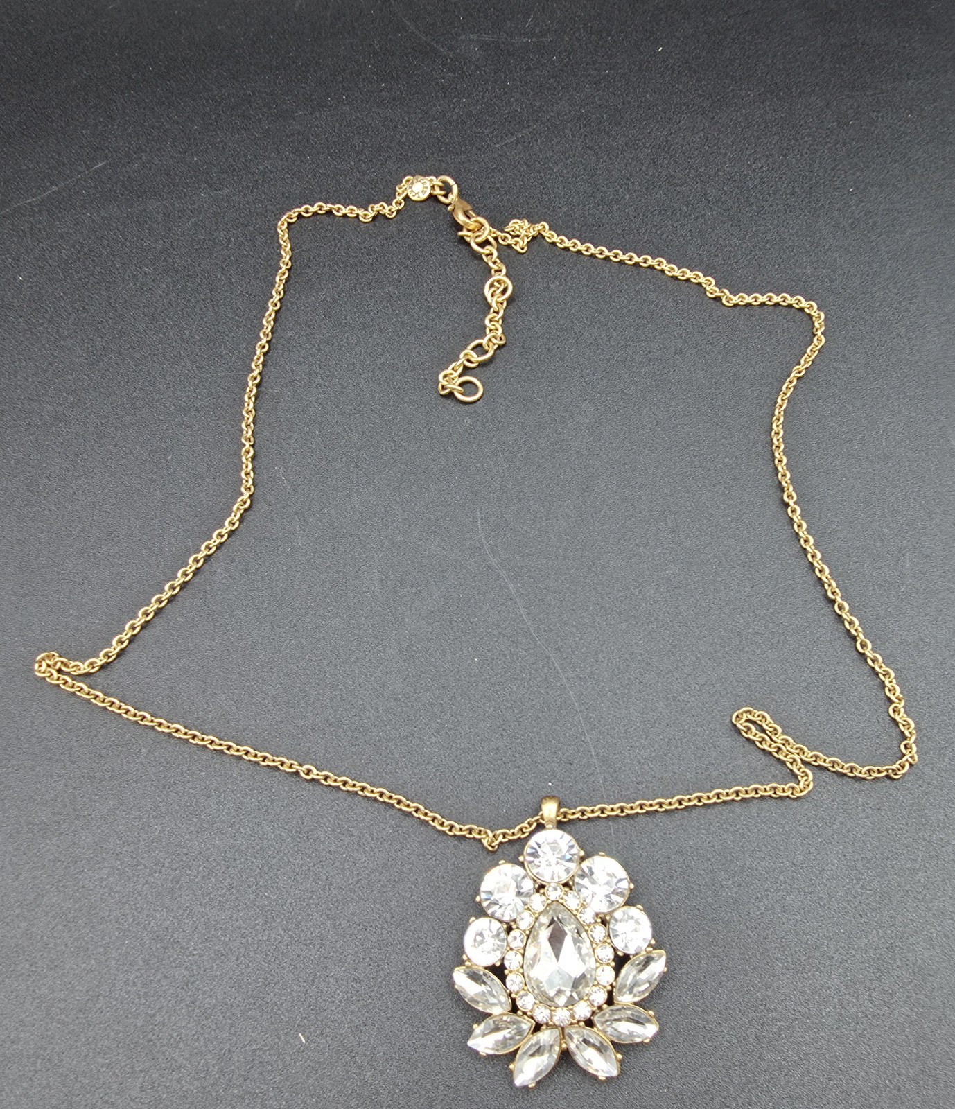 J. Crew Stamped Gold Tone Crystal Rhinestone Teardrop Pendant | Adjustable