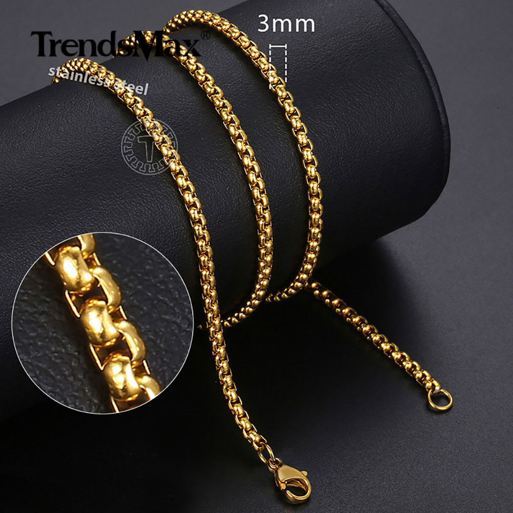 3MM Gold Plated Stainless Steel Round Box Chain Necklace 24″