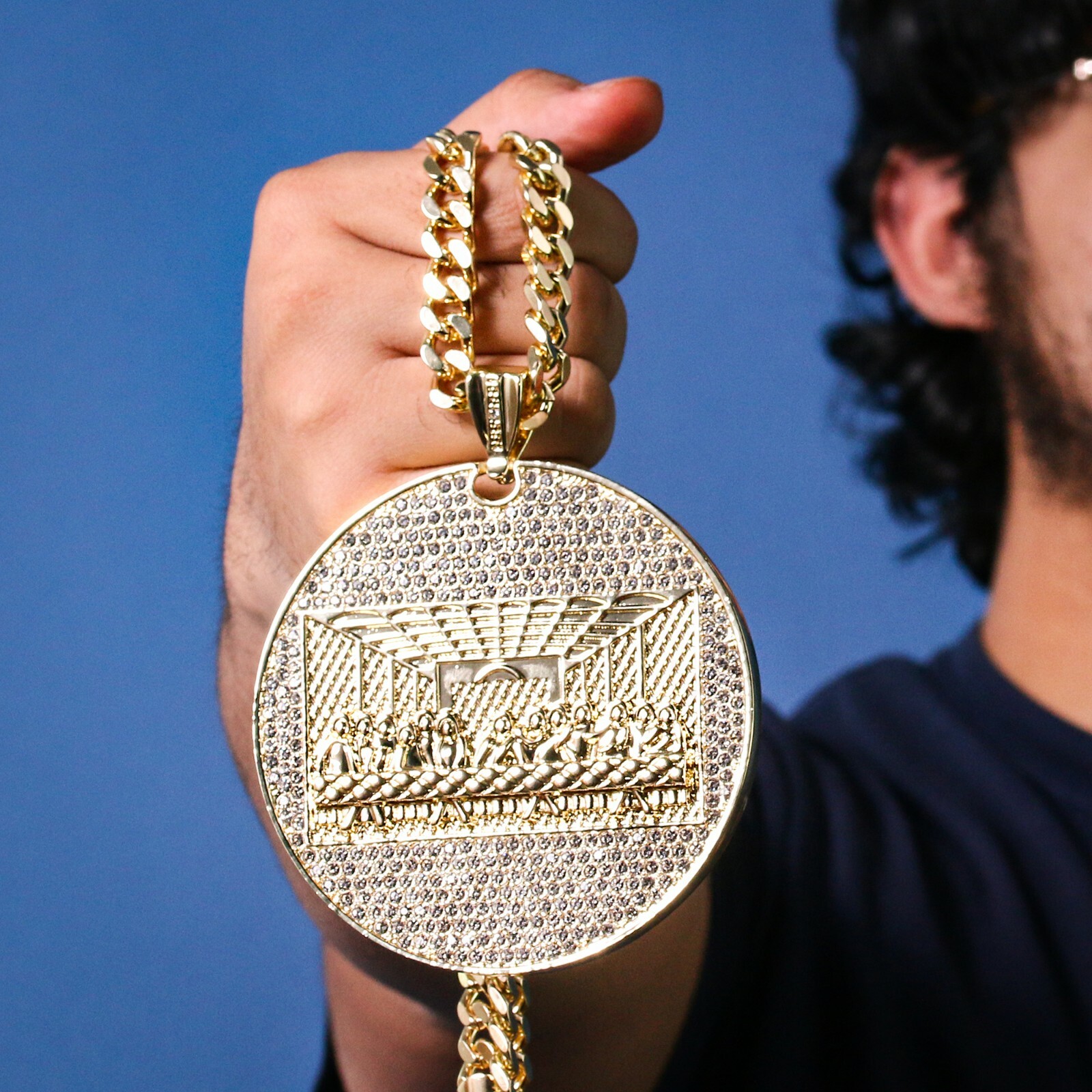 Hip Hop 14k Gold Plated Huge Last Supper Pendant Cubic Zirconia 24″ Cuban Chain