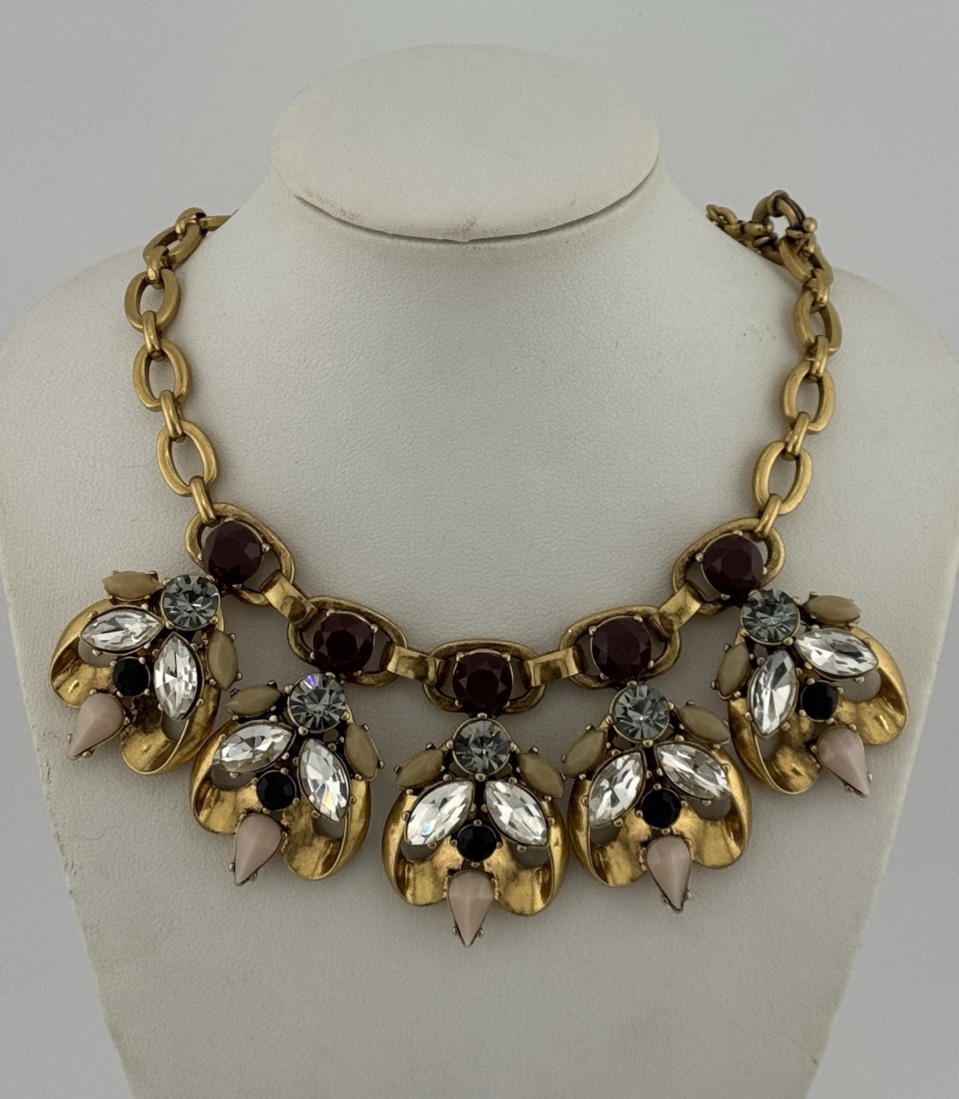 J.Crew Statement Necklace Gold Tone Crystal Cabochon Bib Necklace Adjustable