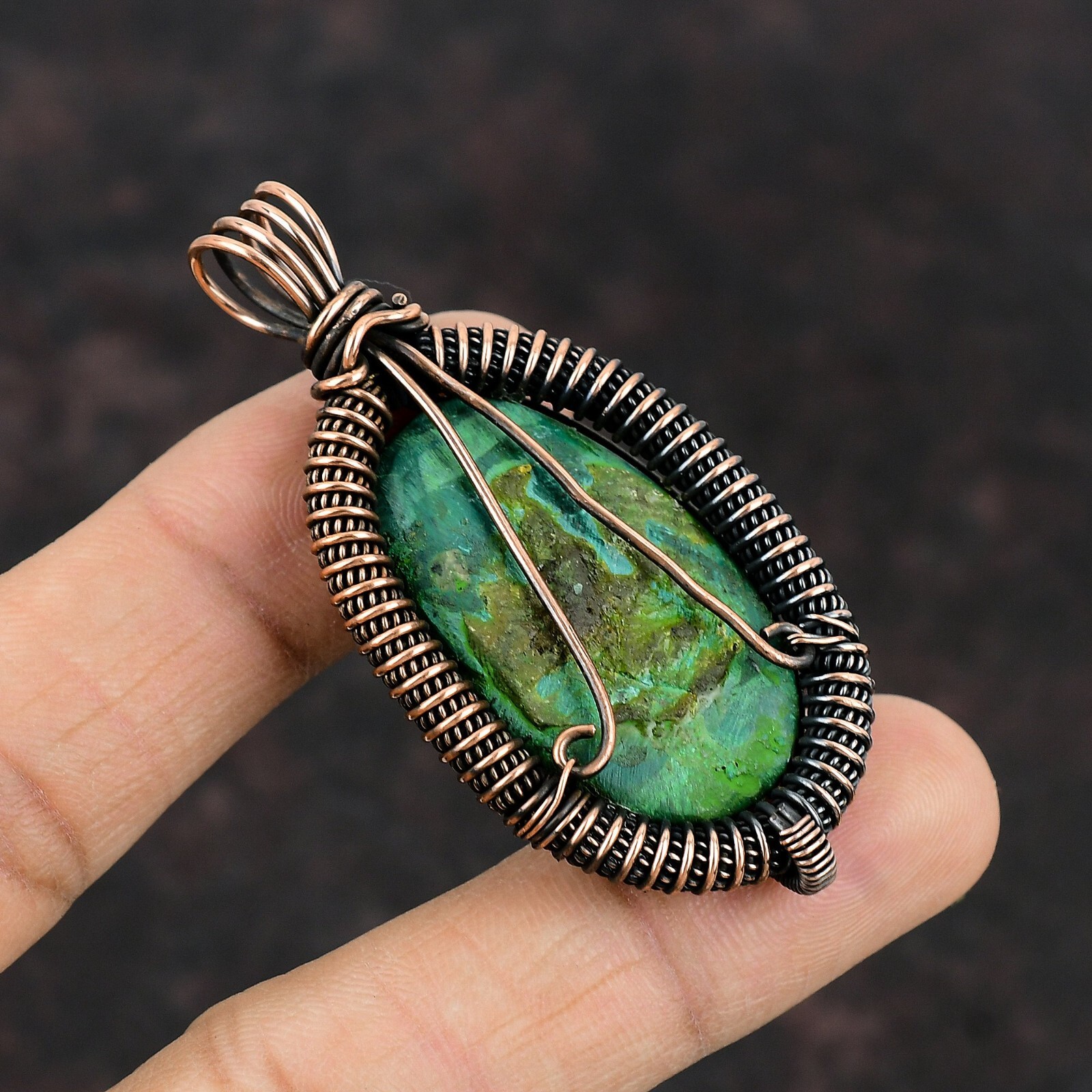 Russian Malachite Jewelry Copper Gift For Briedsmaid Wire Wrapped Pendant 2.44″