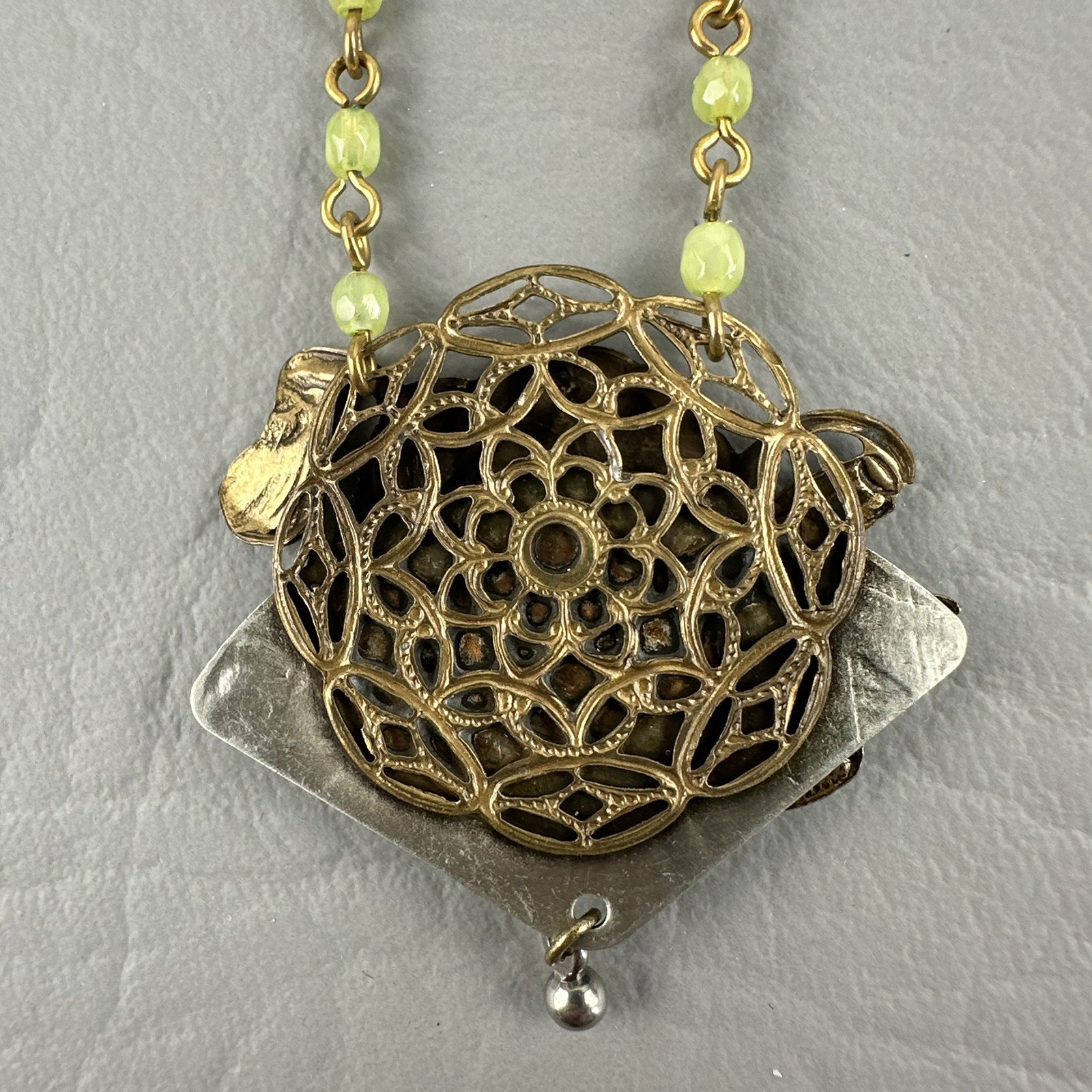 Art Nouveau Style Floral Necklace Green Beads Pansy Pendant Dainty 17″