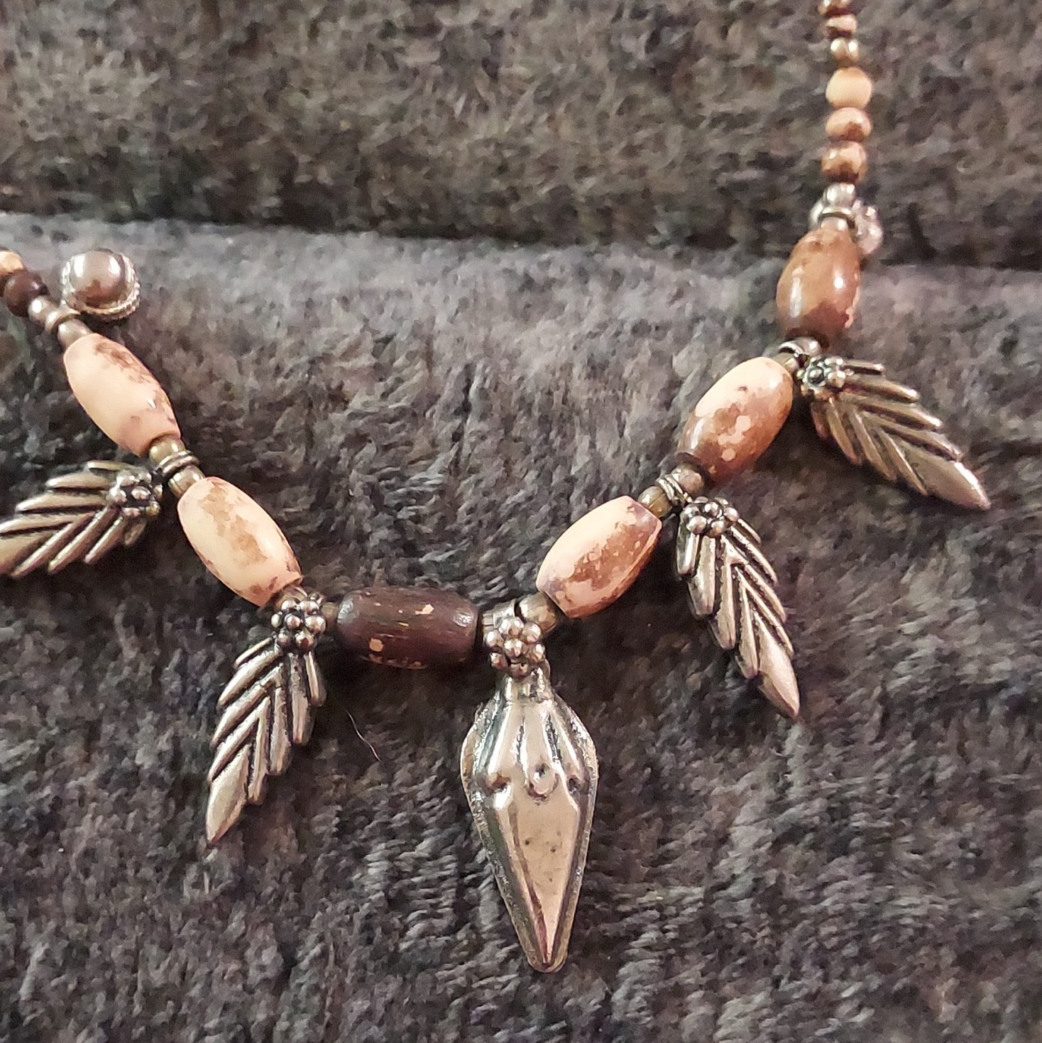 Brown Beaded Necklace w/ Silver Tone Leaf Charms, Metal Beads Hook Closure
