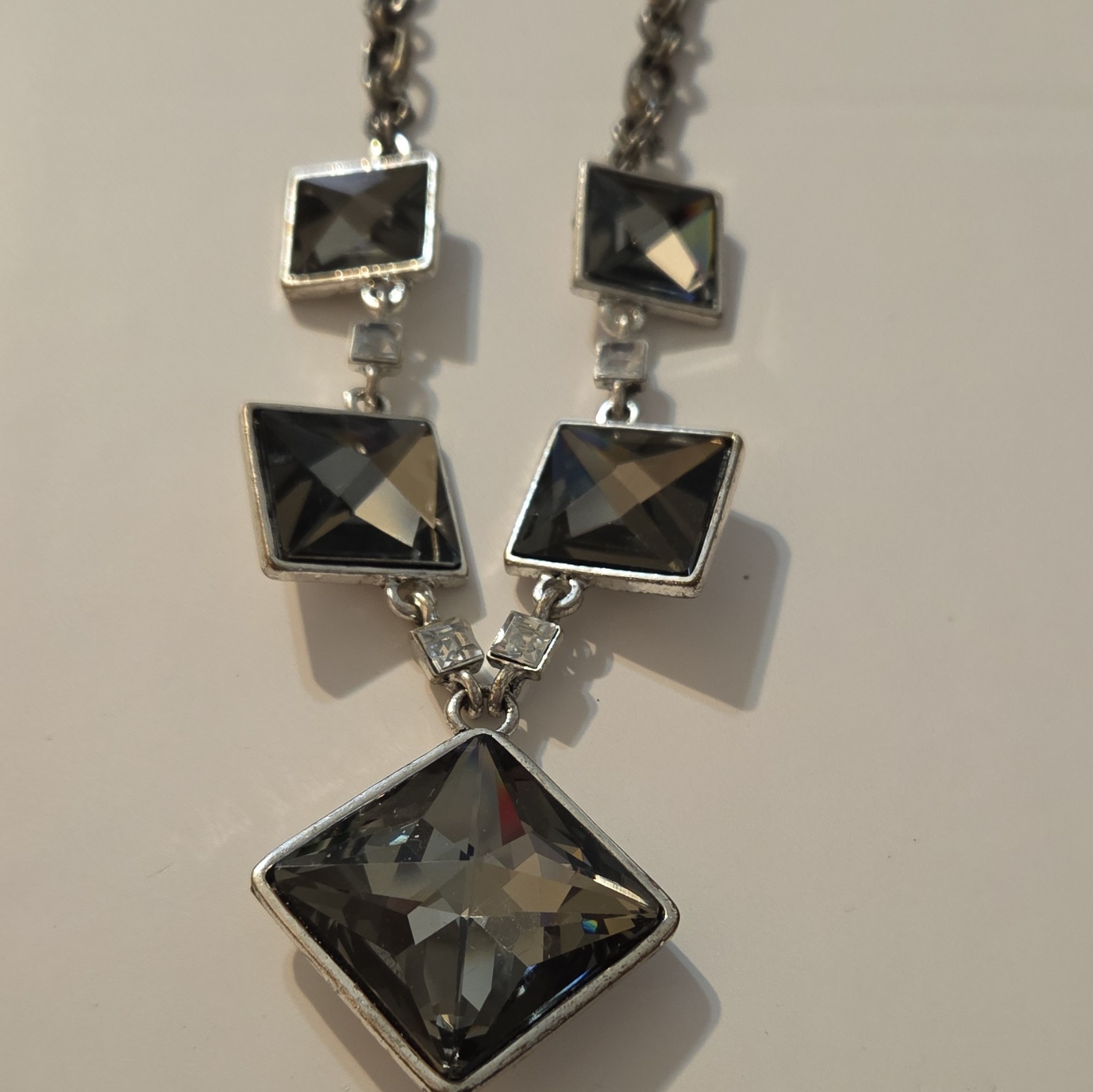 Silver Tone Cable Chain Necklace Lobster Adjustable Square Gray Crystal Bezel