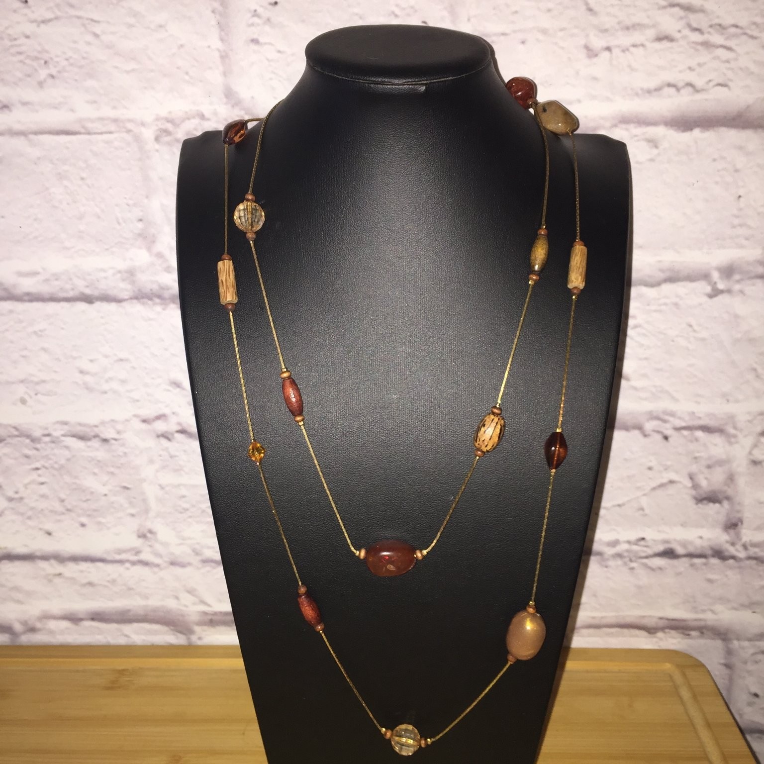 Boho Long Multistrand Beaded Necklace Gold Tone Wood Acrylic Resin Stone Boho