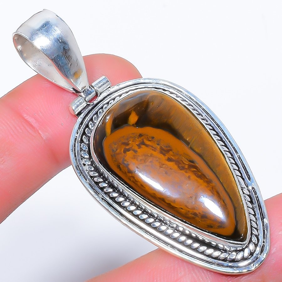 Natural Tiger’S Eye Gemstone 925 Silver Plated Jewelry Pendant 2.4″ F2657