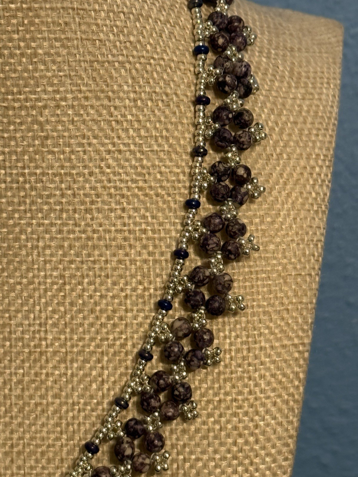 Handcrafted Purple and Silver Round Beaded Necklace Earring Set