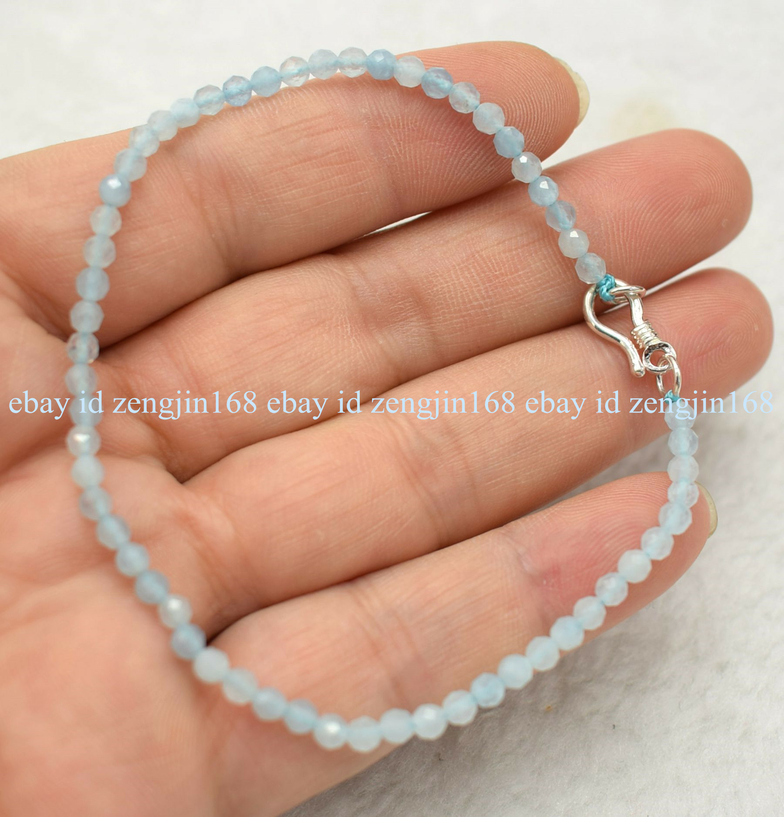 Real 3mm Blue Aquamarine Round Gems Beads Necklace Bracelet Set 18″ Silver Clasp