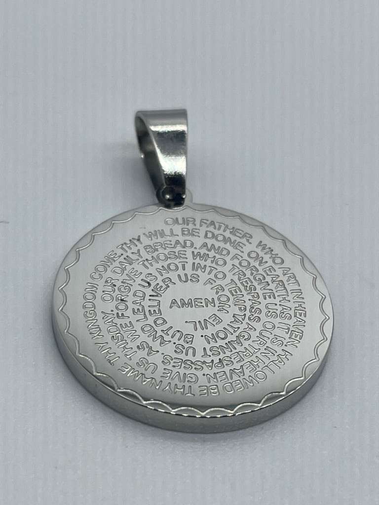 Silver Stainless Steel Our Father Prayer Engraved Medallion Pendant Necklace