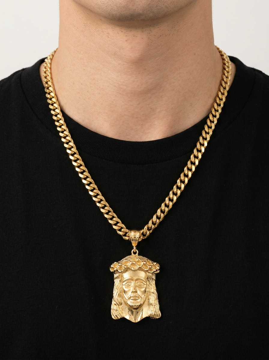 Jumbo Jesus Face Pendant Necklace, 10mm Cuban Chain, Heavy Plated Gold