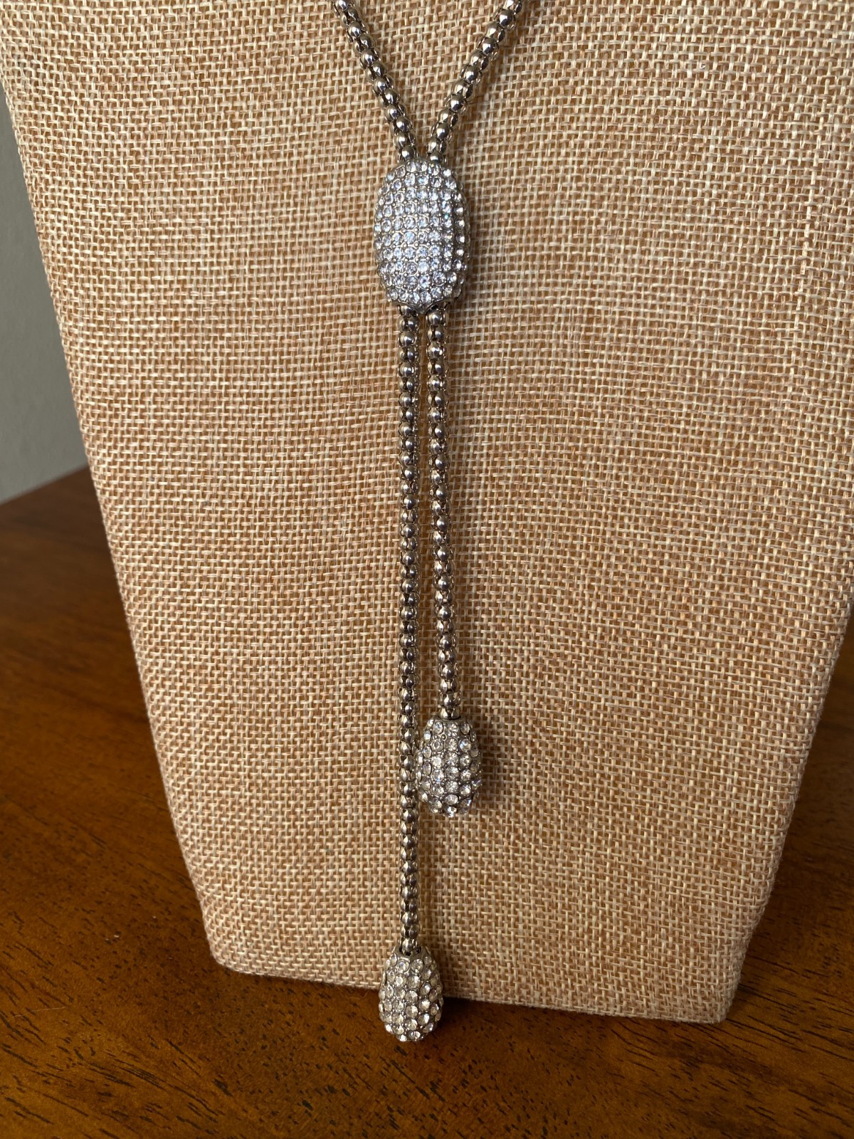 Chico’s Faux Bolo Necklace Pavè Rhinestone Slide & Popcorn Chain Silver Tone