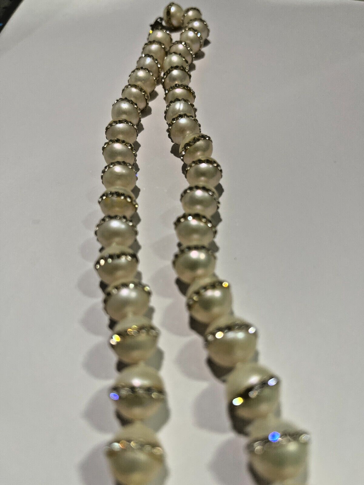 White Simulated Pearl w/ Rhinestones Necklace middle 10 mm 18 inches Jewelry